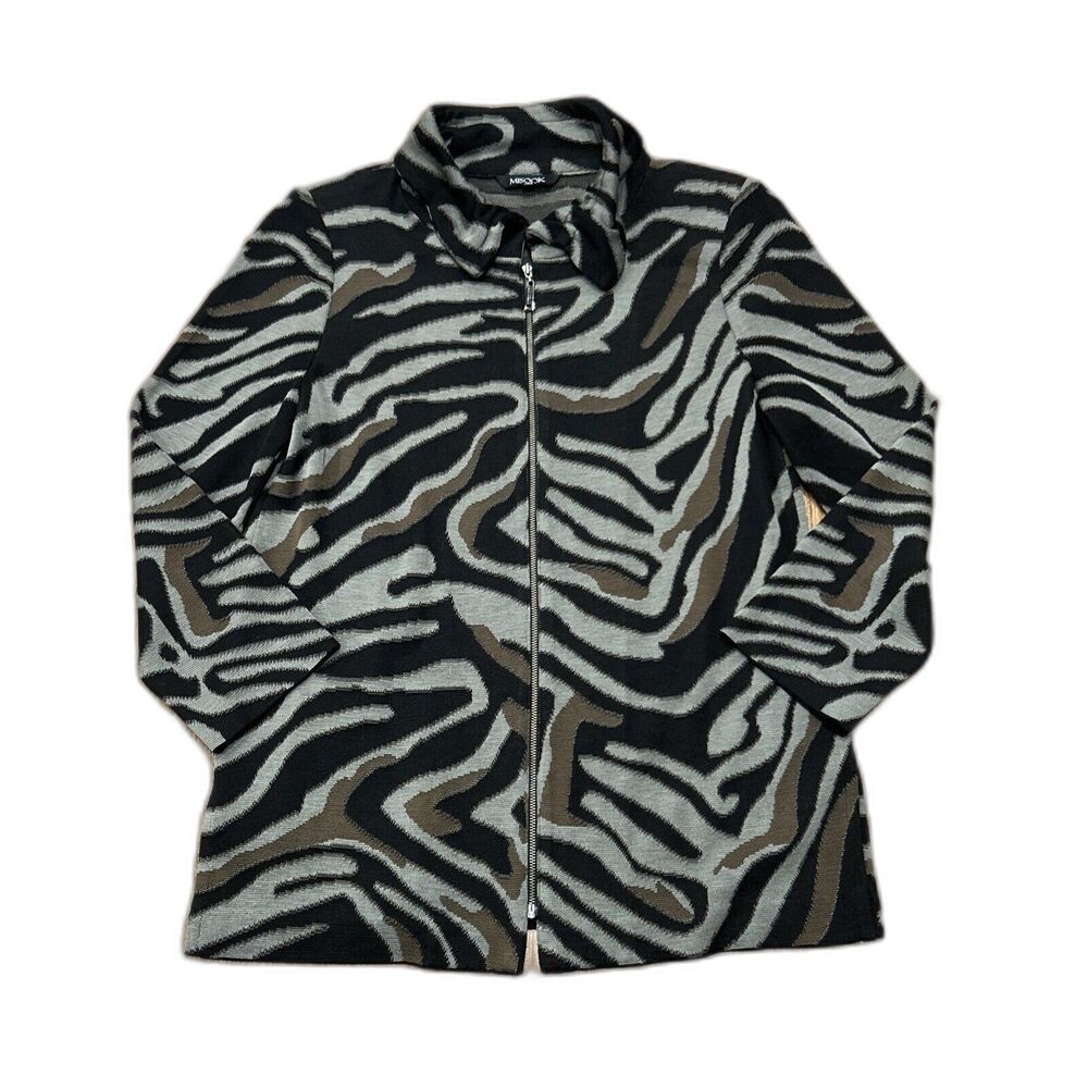 Misook Sweater Jacket Womens XS Black Brown Gray Knit Zip Up Cardigan Career
